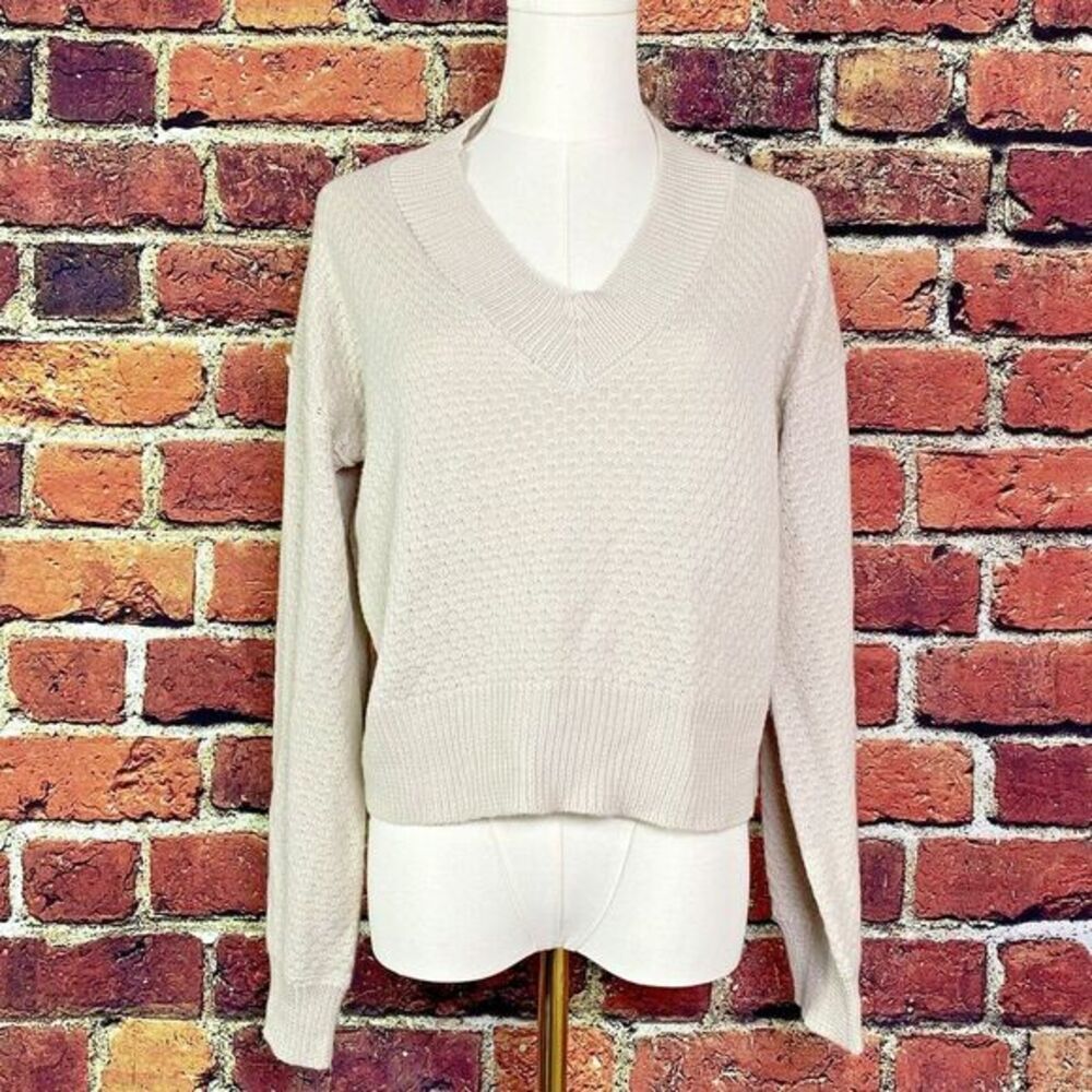 Hippie Rose Sweater Womens Large Beige Long‎ Sleeve V-Neck Pullover Cropped